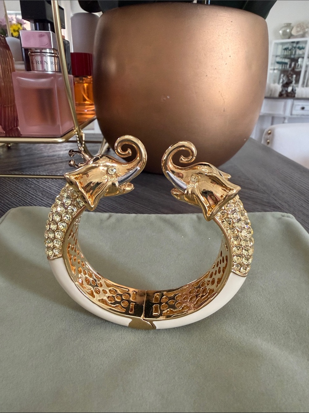 Joan Boyce crystal and enamel elephant hinged bangle bracelet